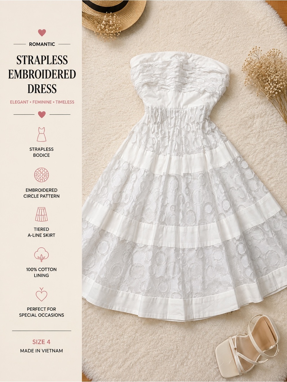 Jessica Simpson White Strapless Embroidered Midi Dress | Size S (US 4)